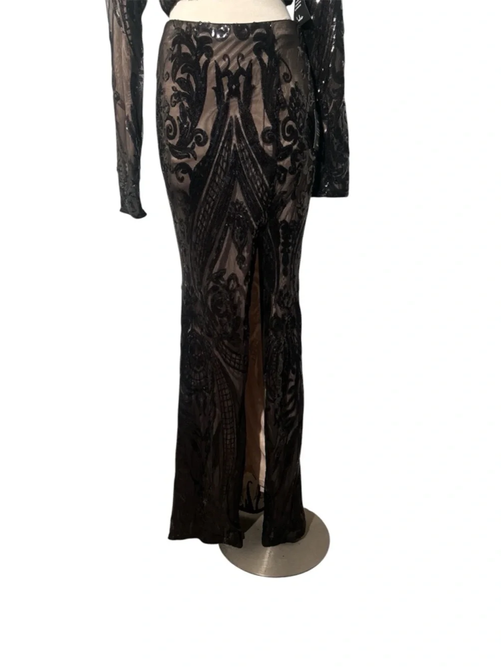 Lulu's Black Lace Sheer Embroidered Two-Piece Gown with Side Slit Size Small NEW - Picture 3 of 10